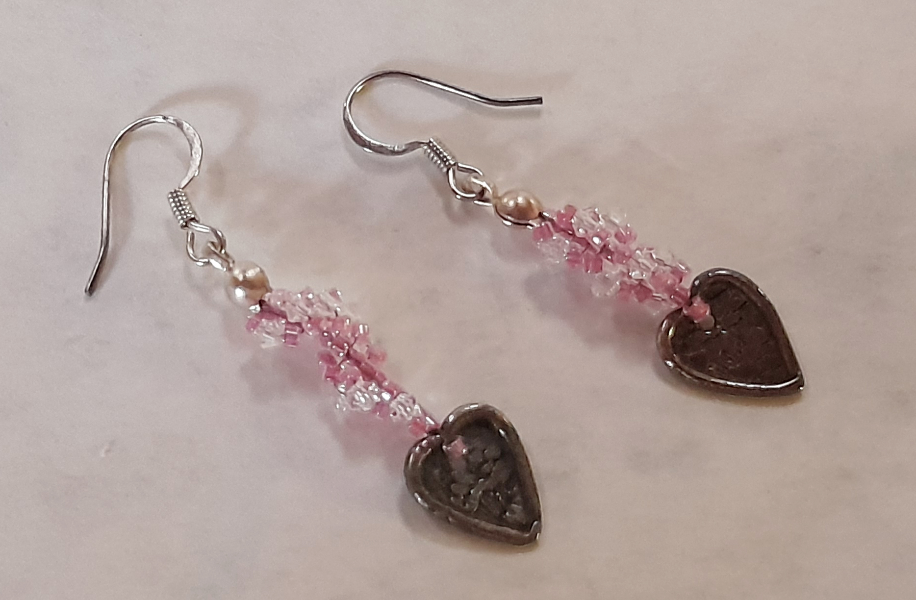 Fine Silver Hearts with Pink Spiral Weave Earrings