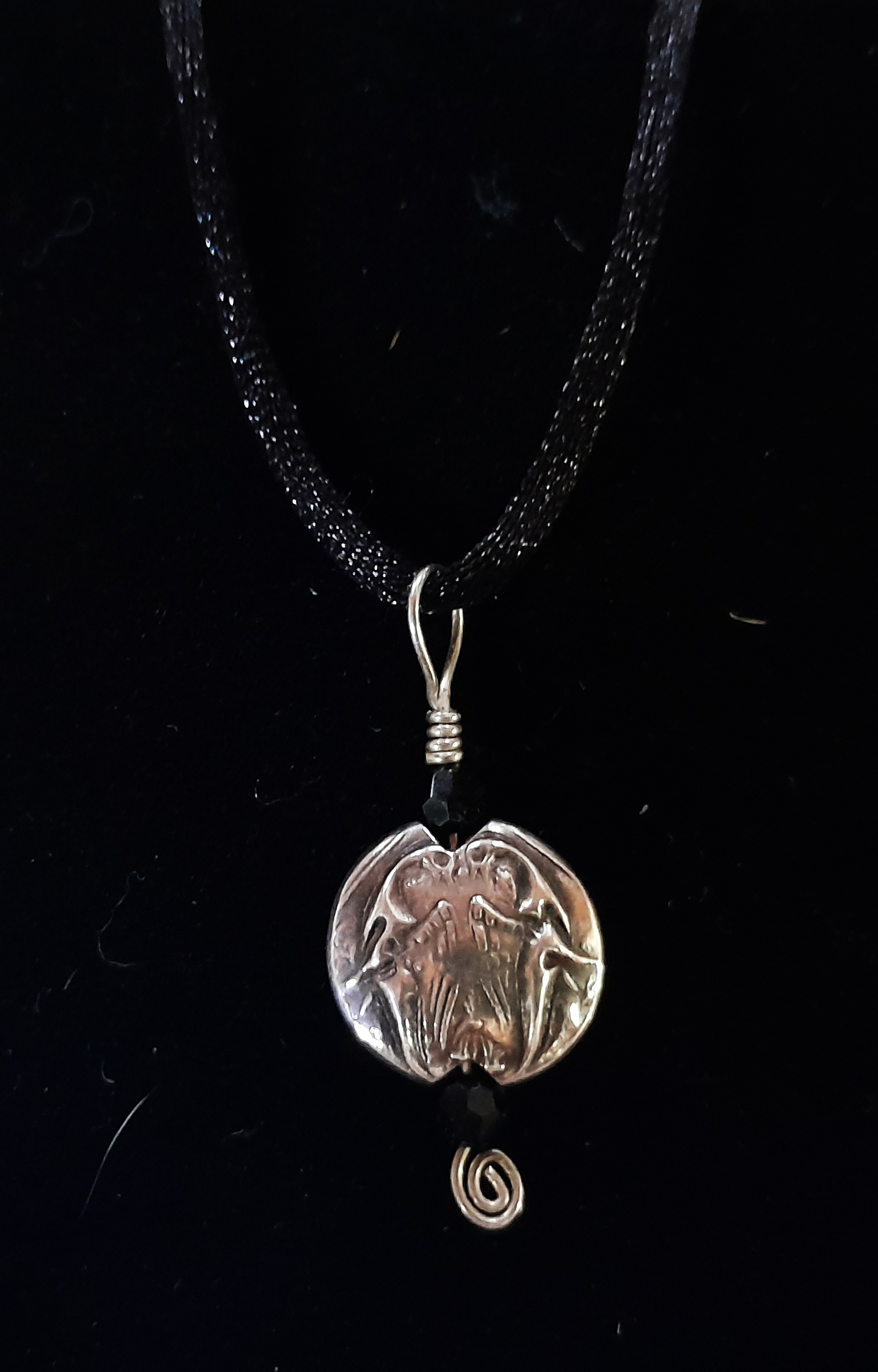 Fine Silver Puffed Coin Pendant on Silk Cord Necklace