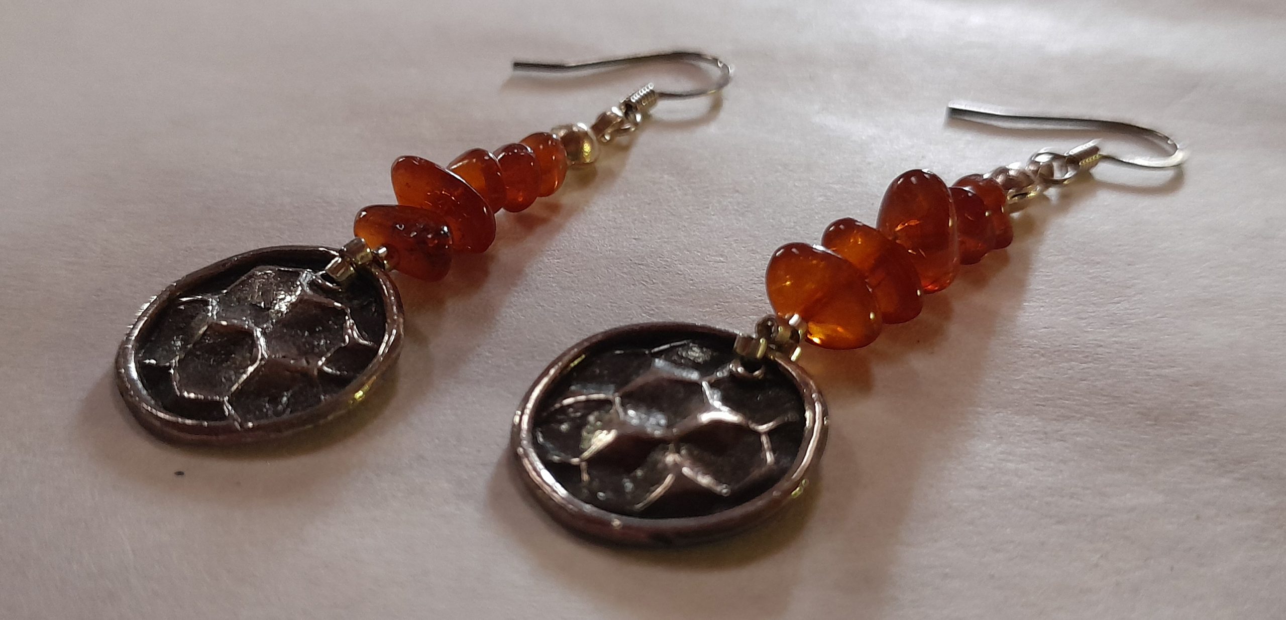 Fine Silver Honey Comb with Amber Earrings