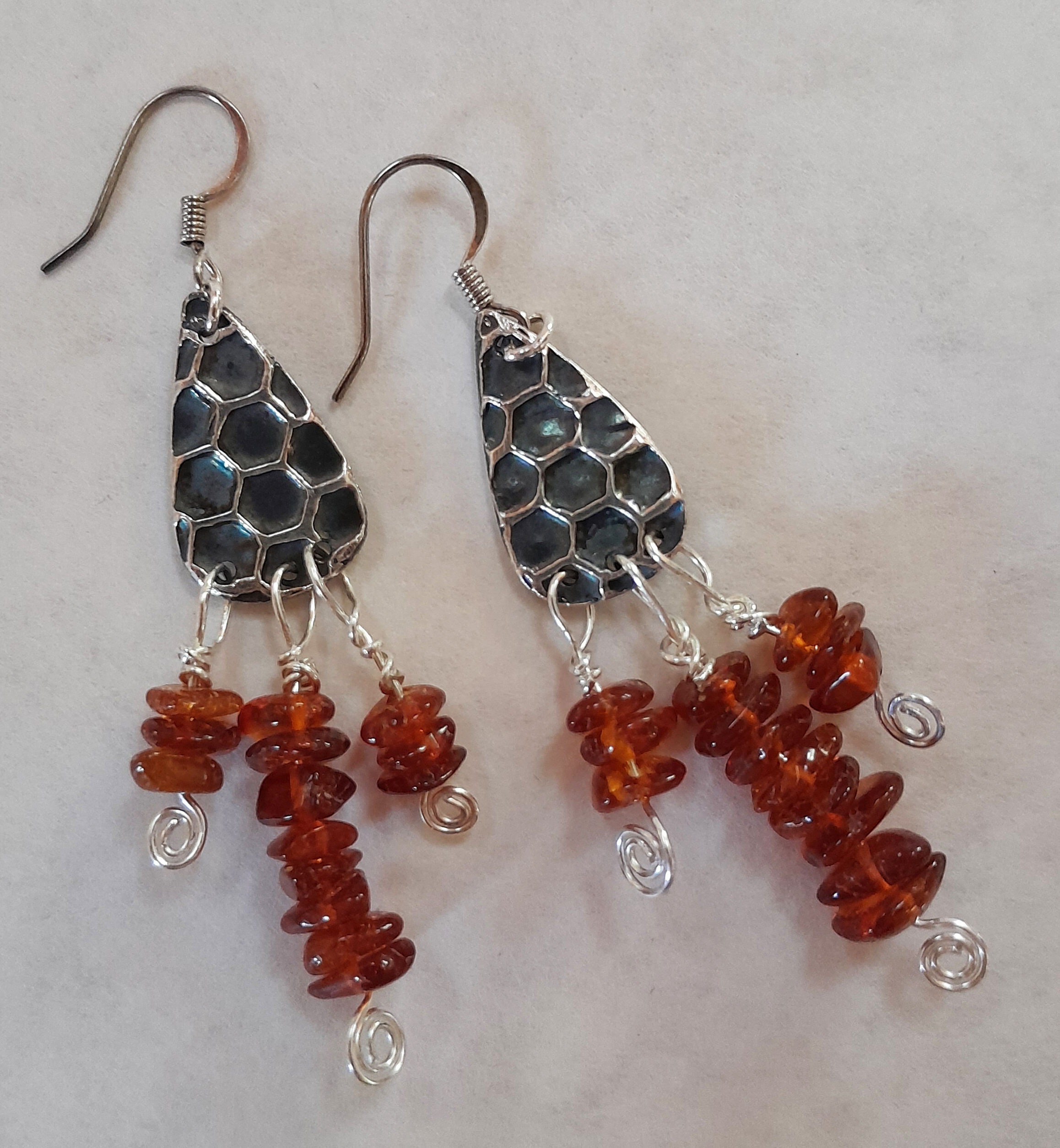 Honeycomb Fine Silver & Amber Earrings